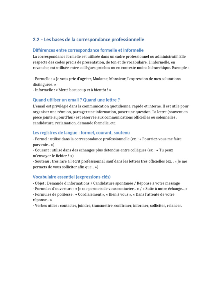 Bases de la correspondance professionnelle | PDF