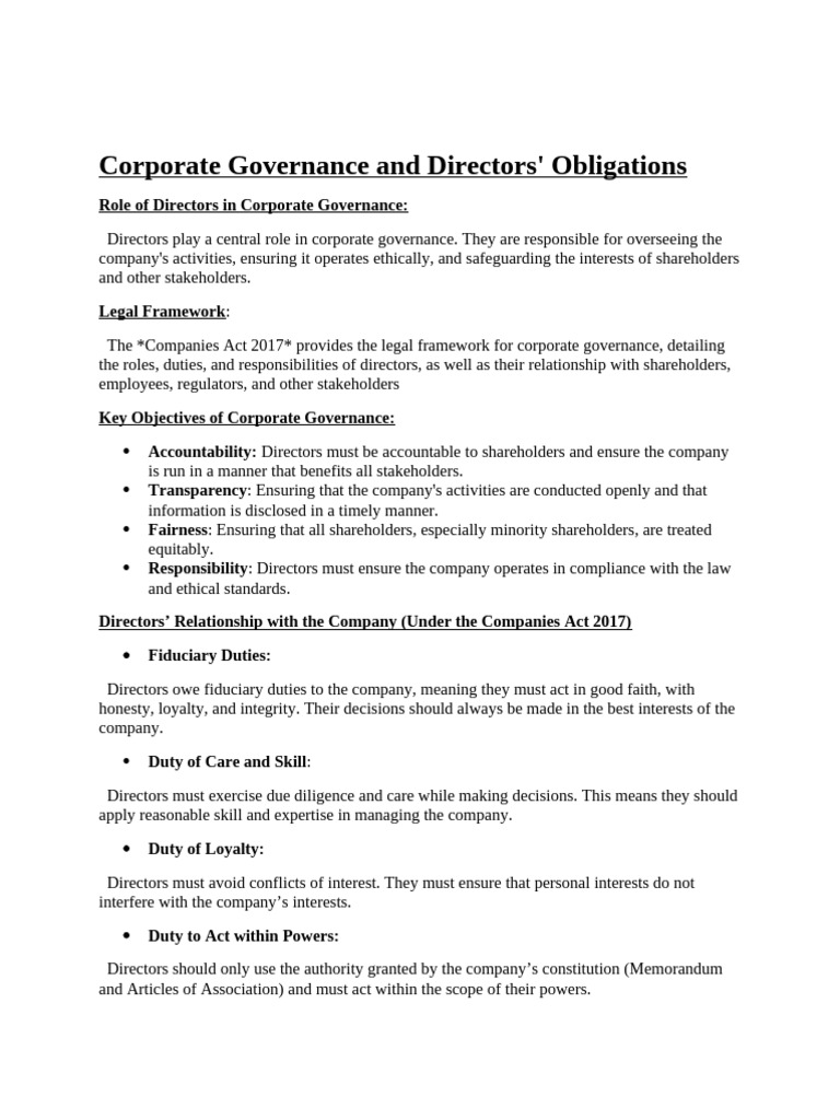 Directors' Corporate Governance Obligations | PDF | Board Of Directors ...