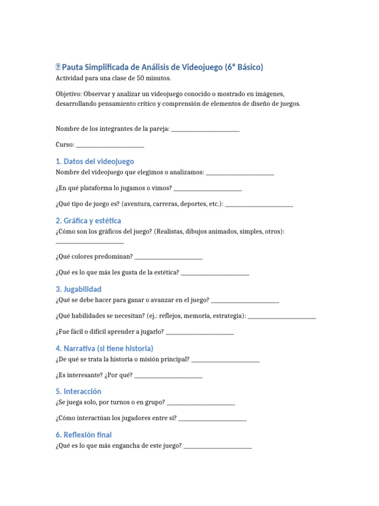Análisis de Videojuegos para 6º Básico | PDF