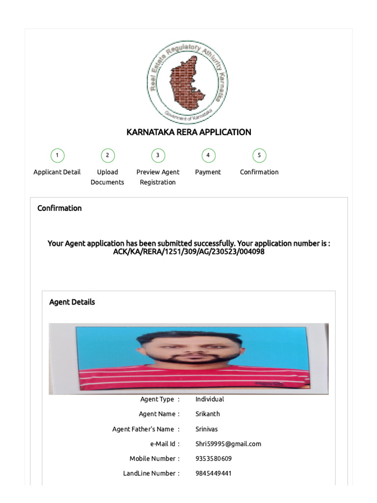 Karnataka RERA Agent Application Confirmation | PDF
