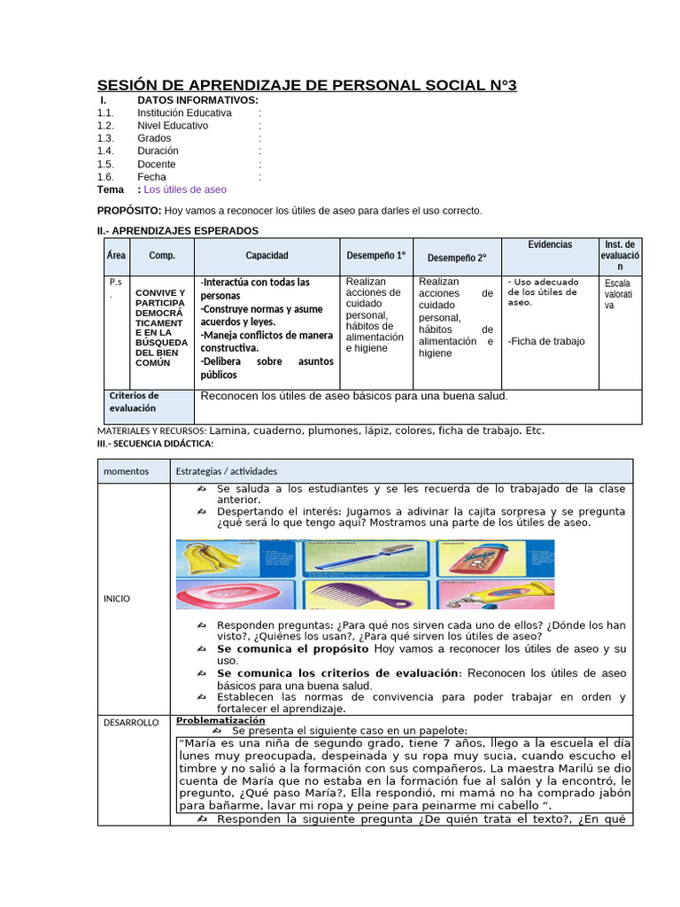 Sesión de Aprendizaje de Personal Social Pedagogico San Ignacio | PDF ...