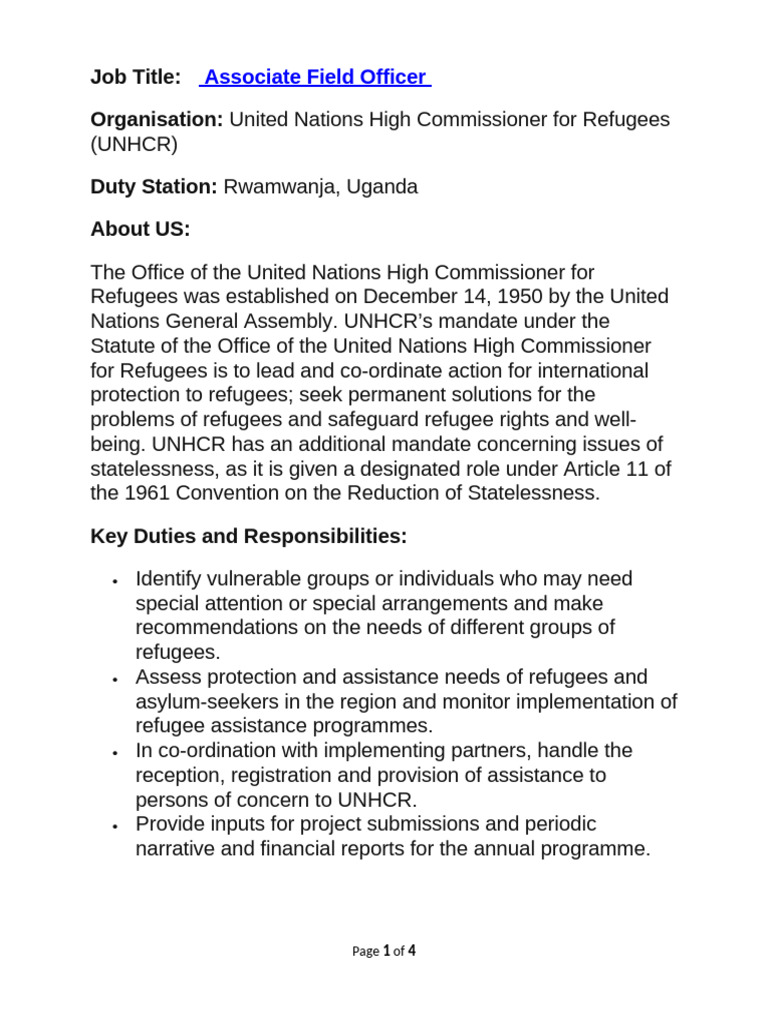 Associate Field Officer | PDF | United Nations High Commissioner For ...