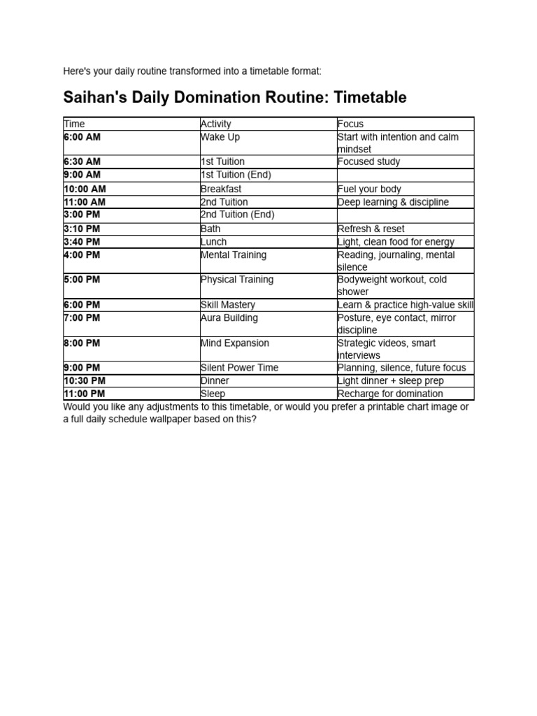 Full Day Timetable for Daily Routine | PDF