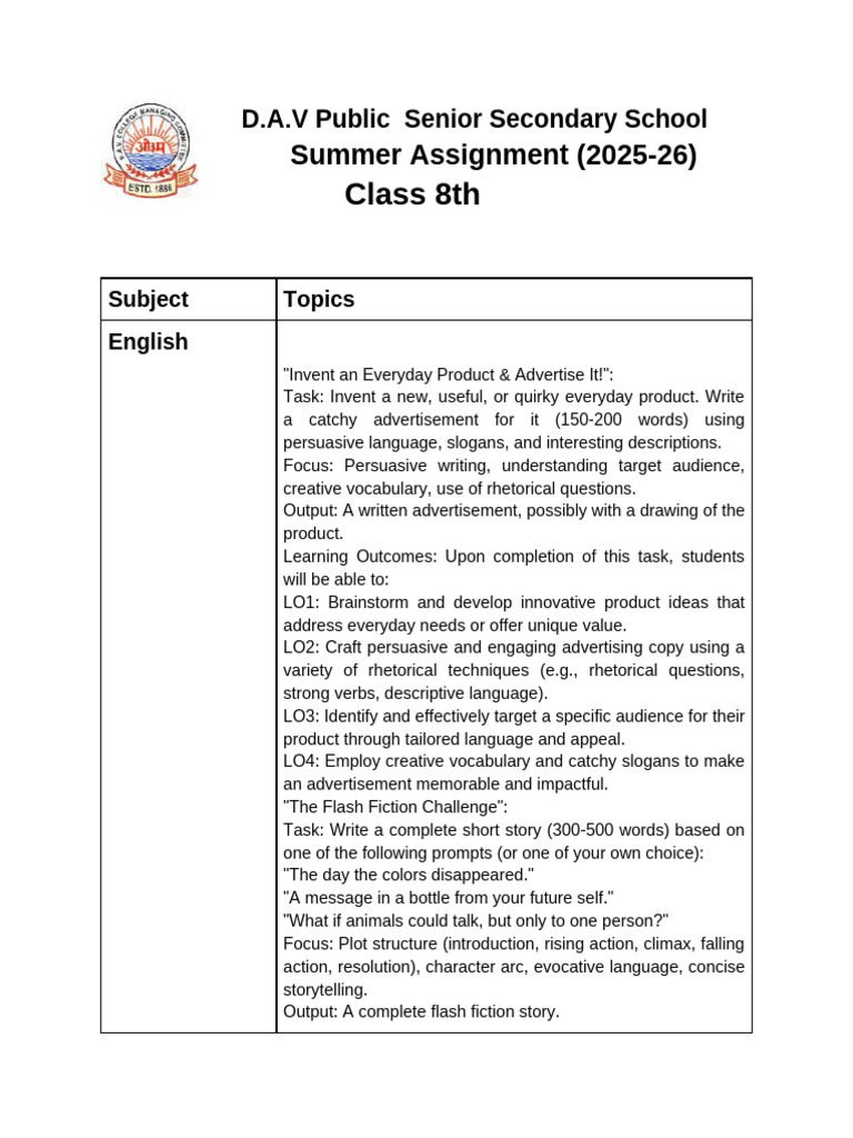 Class 8 Summer Assignment Overview | PDF | Sugar | Diet & Nutrition