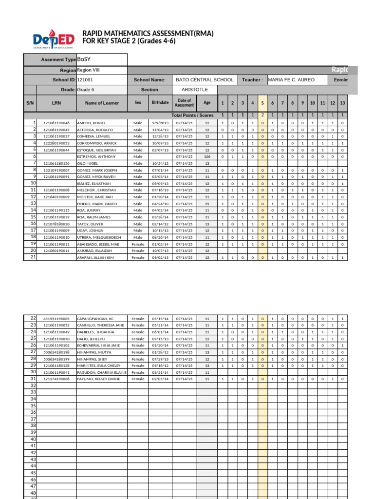 Rapid Mathematics Assessment Scoresheet | PDF | Educational Assessment ...