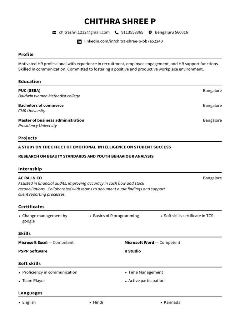 HR Professional Profile: Chitra Shree P | PDF