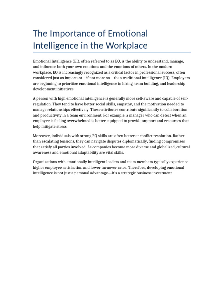 Emotional Intelligence in the Workplace | PDF