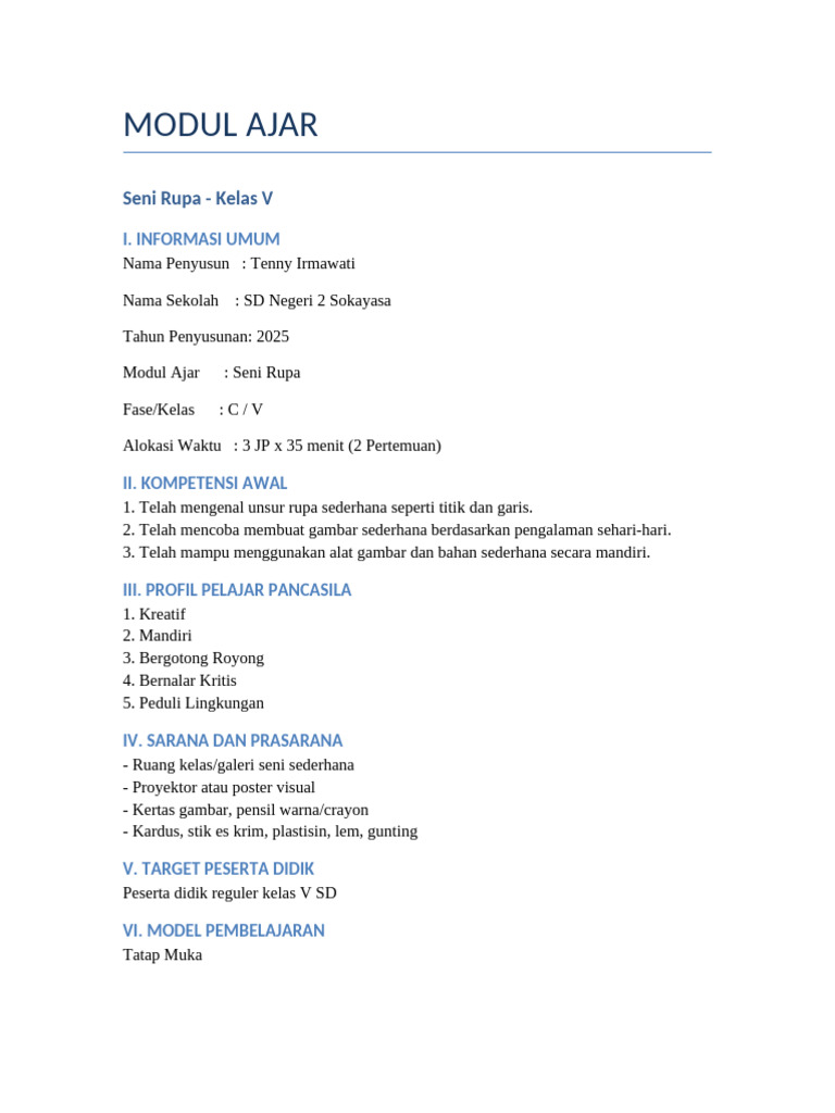 Modul Ajar Seni Rupa Kelas 5 - 3jp | PDF