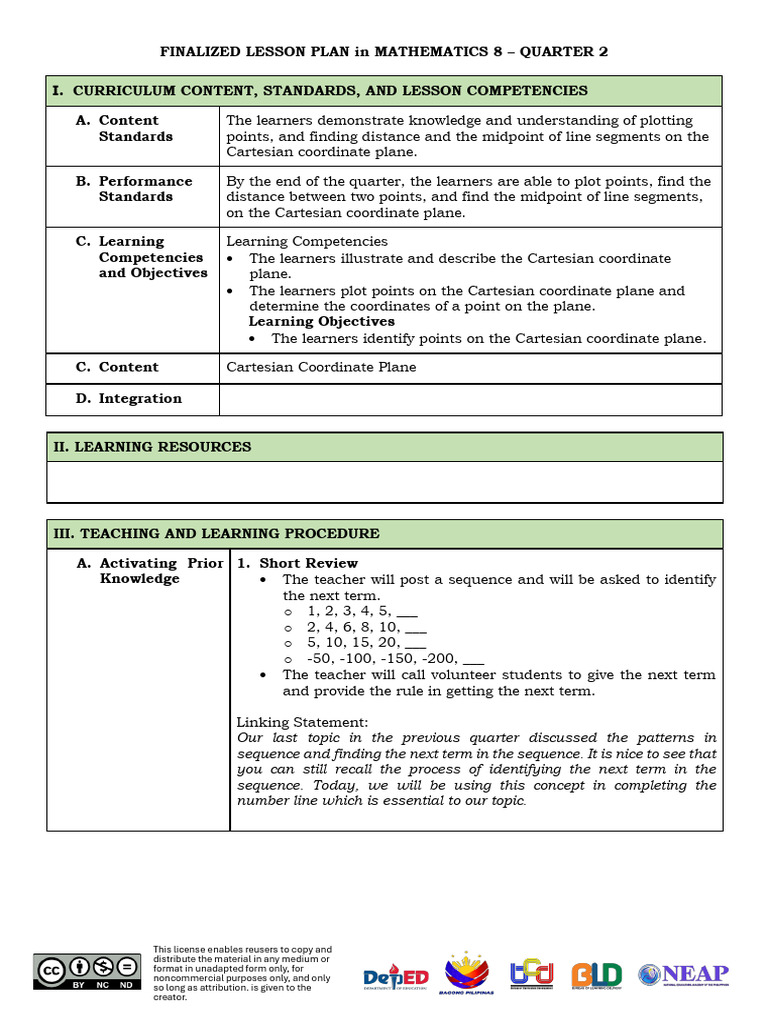 SDOZC G8Q2W1 Cartesian Coordinate Plane Sample | PDF | Cartesian ...