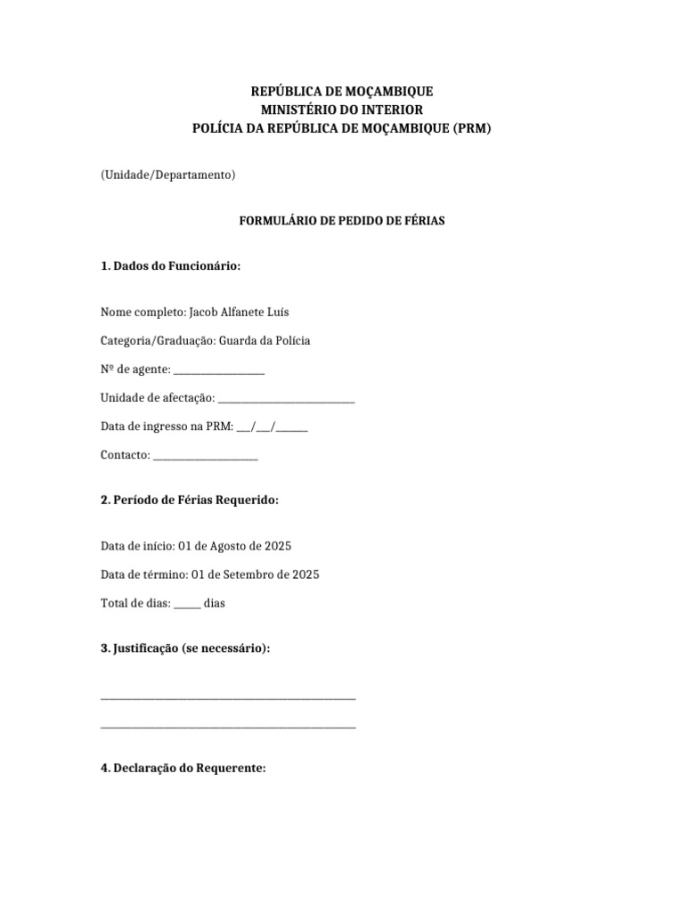 Formulário de Pedido de Férias PRM | PDF