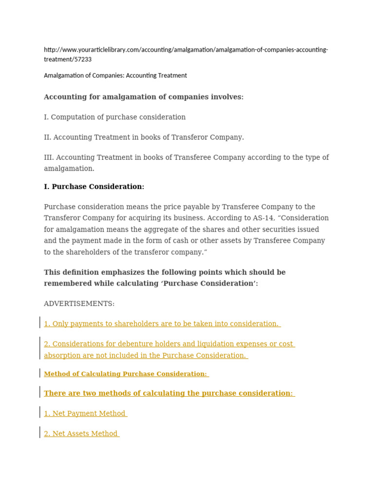 Amalgamation Accounting Treatment Guide | PDF | Equity (Finance ...