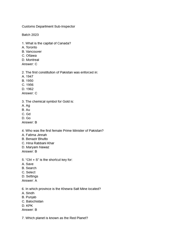 Customs Department Quiz 2023 | PDF | Pakistan