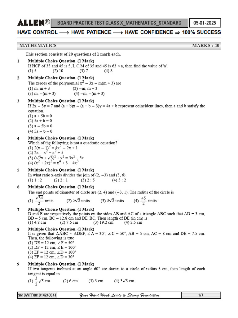 Class X Mathematics Practice Test | PDF | Circle | Angle