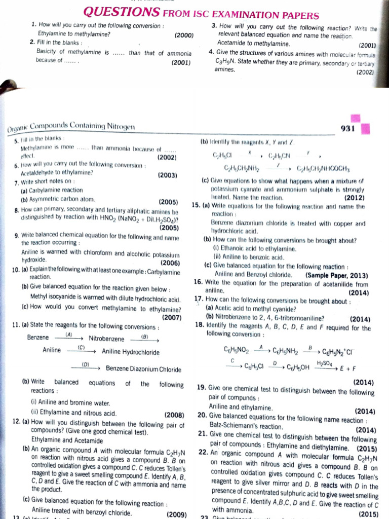 ISC Class 12 Amines Exam Questions | PDF | Amine | Hydrogen Compounds