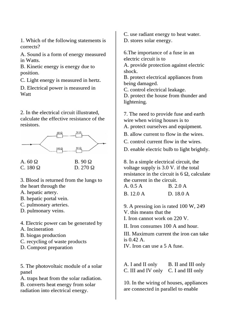 Science Quiz: Energy, Circuits, and Biology | PDF | Blood | Ventricle ...