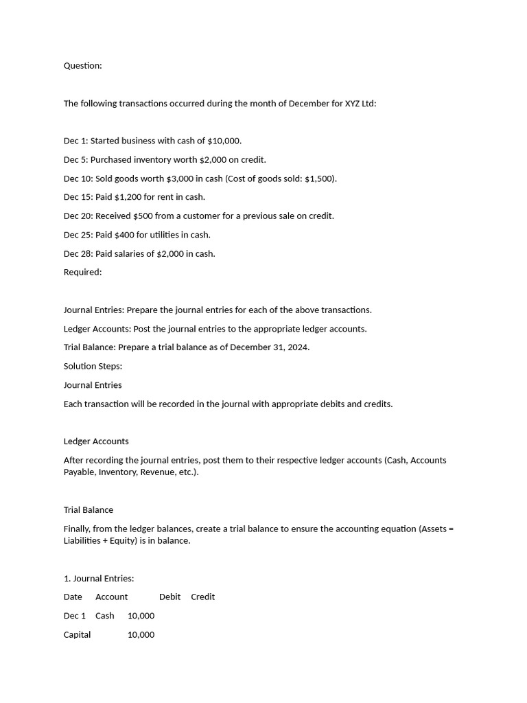 December Accounting Transactions for XYZ Ltd | PDF | Debits And Credits ...