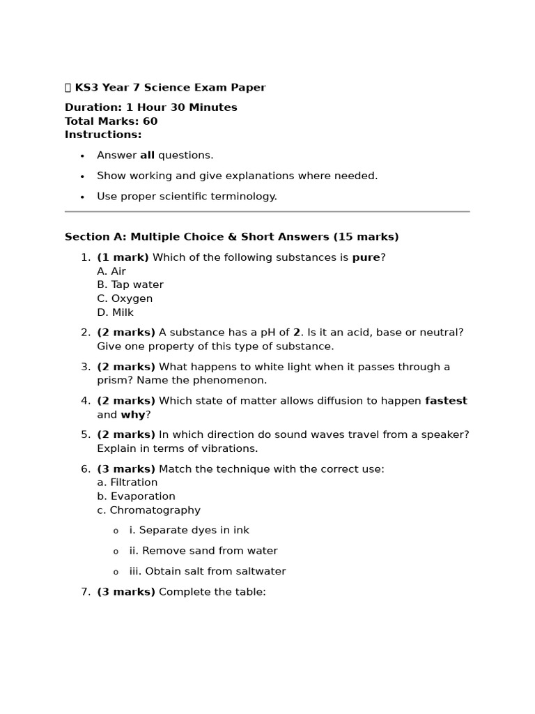 Year 7 Science Exam Paper Guide | PDF | Water | Ph