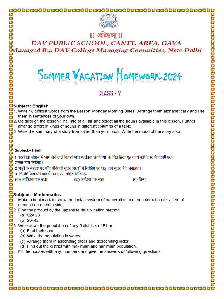 Summer Vacation Homework for Class V | PDF