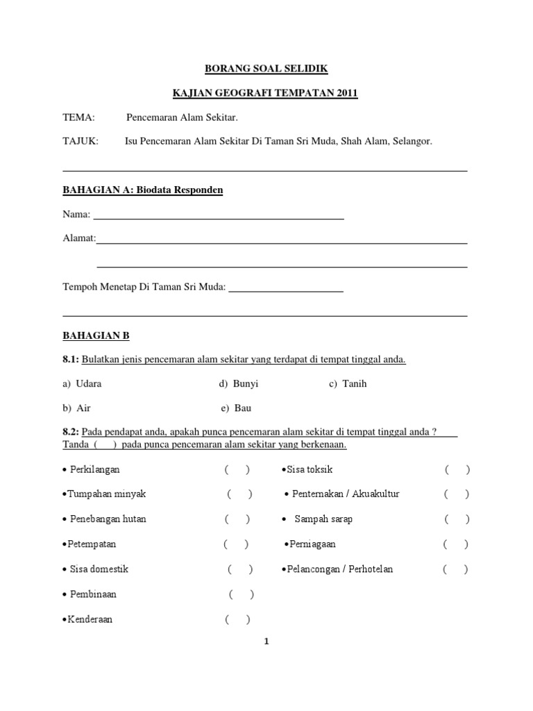 Borang Soal Selidik Geografi Pencemaran Air