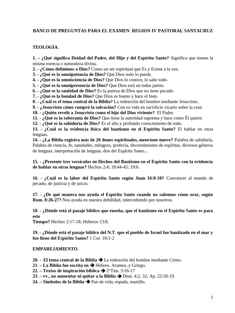 Banco de Preguntas para El Examen A Predicador Region 1 Santa Cruz ...