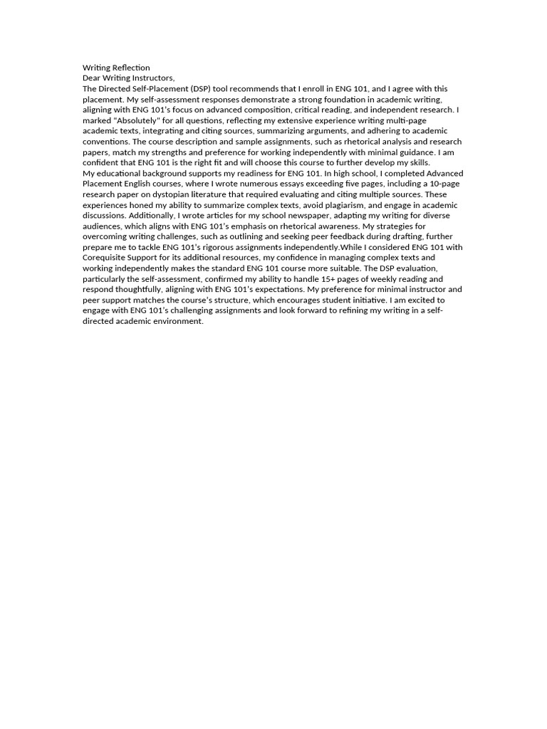 ENG 101 Placement Reflection Essay | PDF