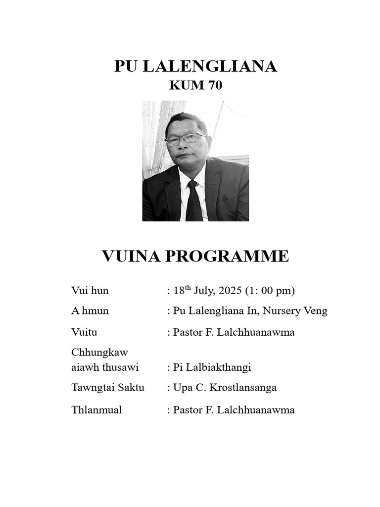 Pu Lalengliana 70th Anniversary Program | PDF