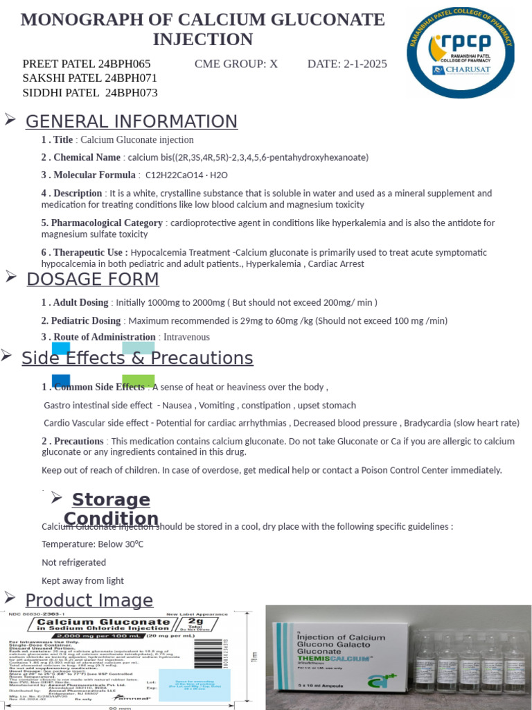 Calcium Gluconate Injection Monograph | PDF