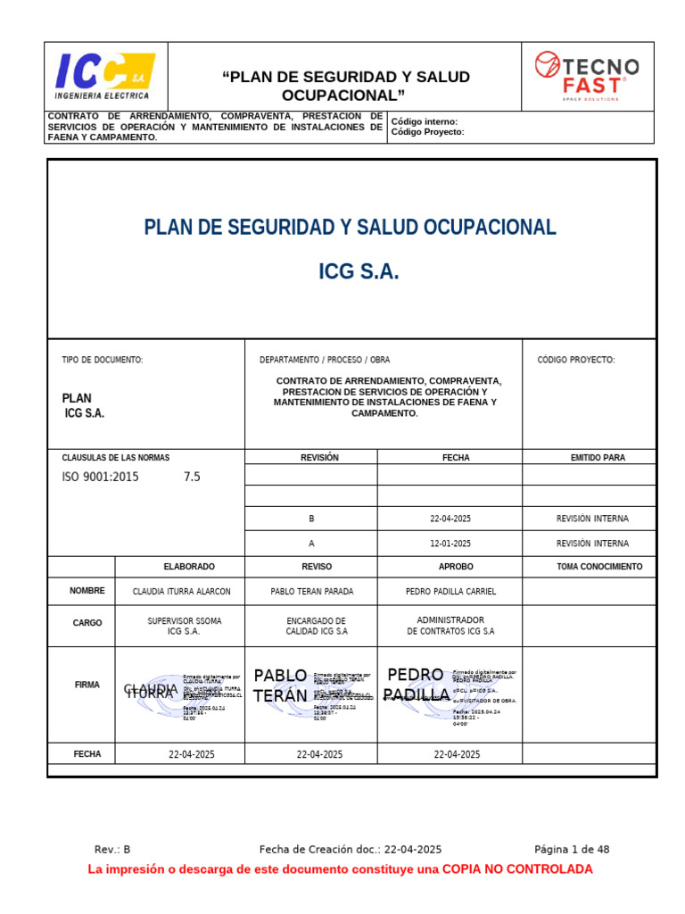 Plan de Seguridad y Salud Ocupacional | PDF | Seguridad y salud ...
