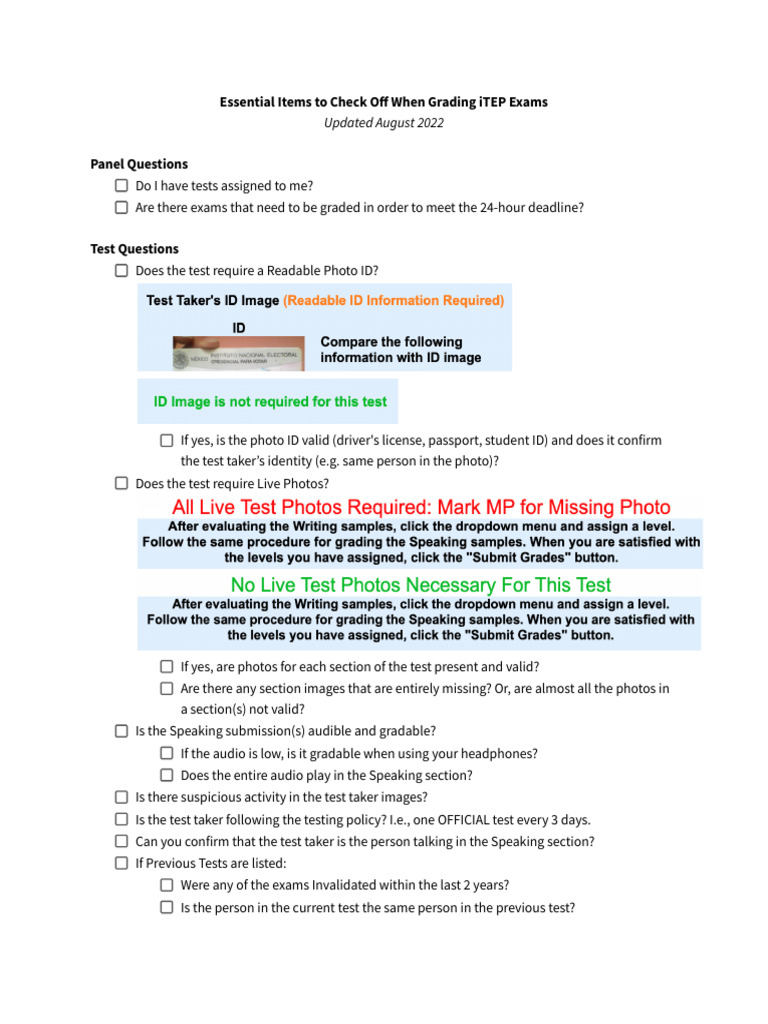 iTEP Exam Grading Checklist | PDF