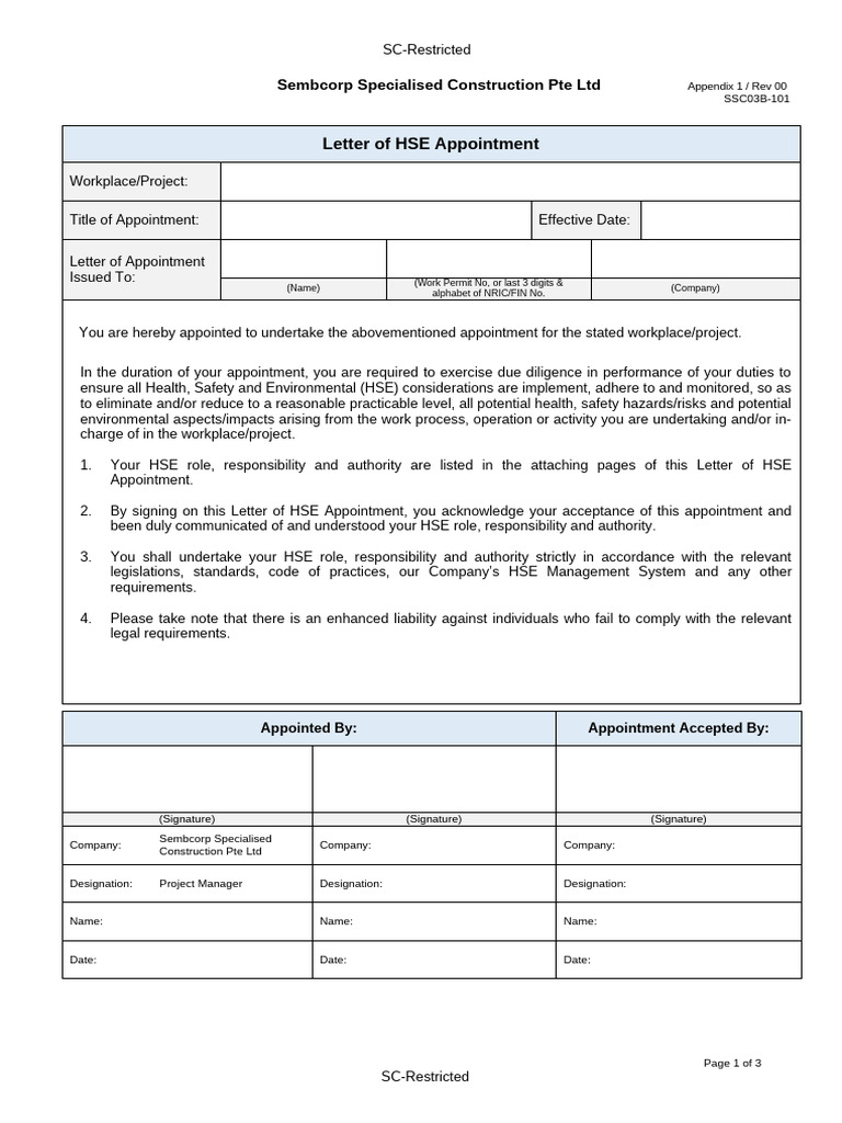 101a01 - Letter of HSE Appt - Rev00 CM | PDF | Safety | Occupational ...