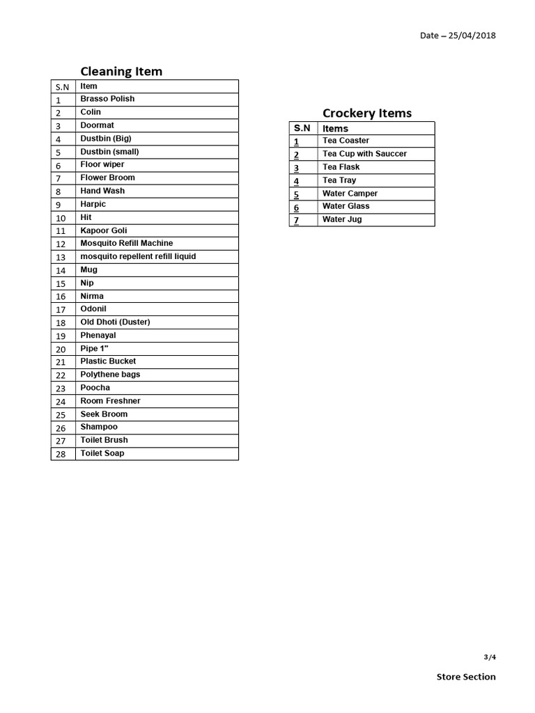 Cleaning and Crockery Inventory List | PDF