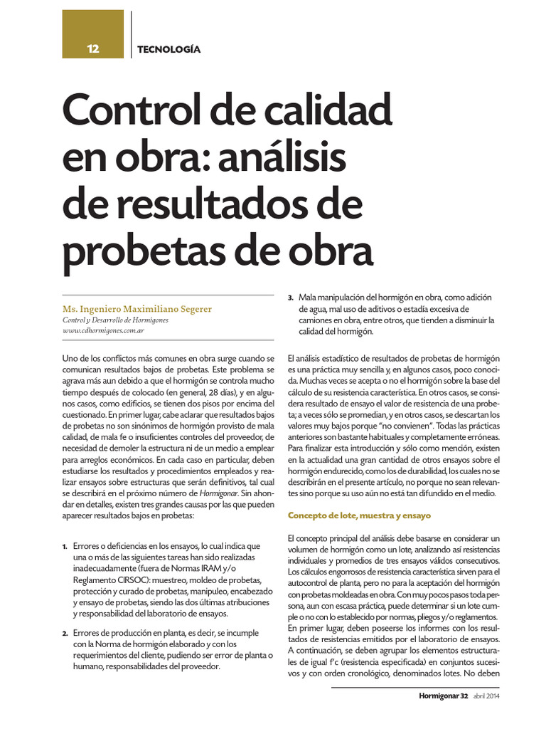 Revista Hormigonar - Control de Calidad | PDF | Hormigón
