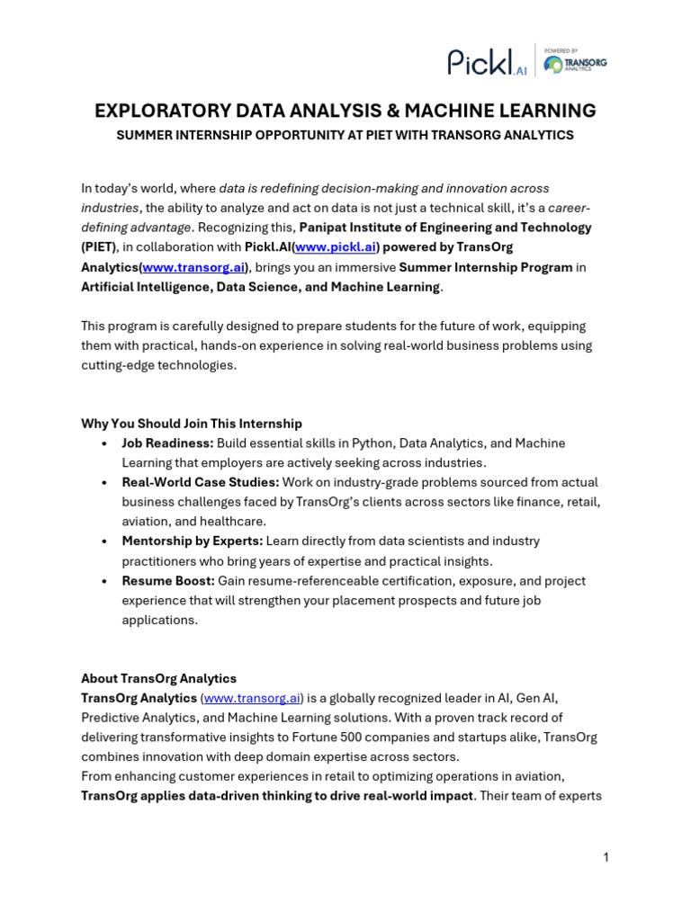 BTech 3rd Year AI - DS Summer Internship - PIET With Pickl - Ai by ...