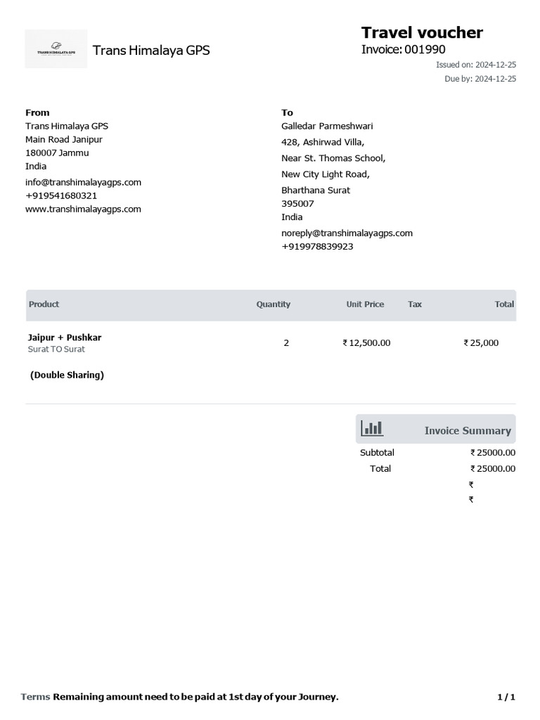Trans Himalaya GPS Invoice Summary | PDF