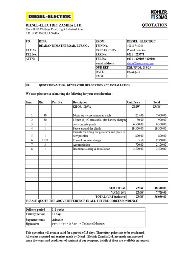 Quotation for Generator Installation in Mansa | PDF