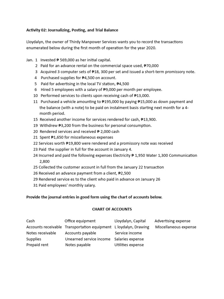 Activity 02.pdf (Journalizing, Posting, and Trial Balance) | PDF