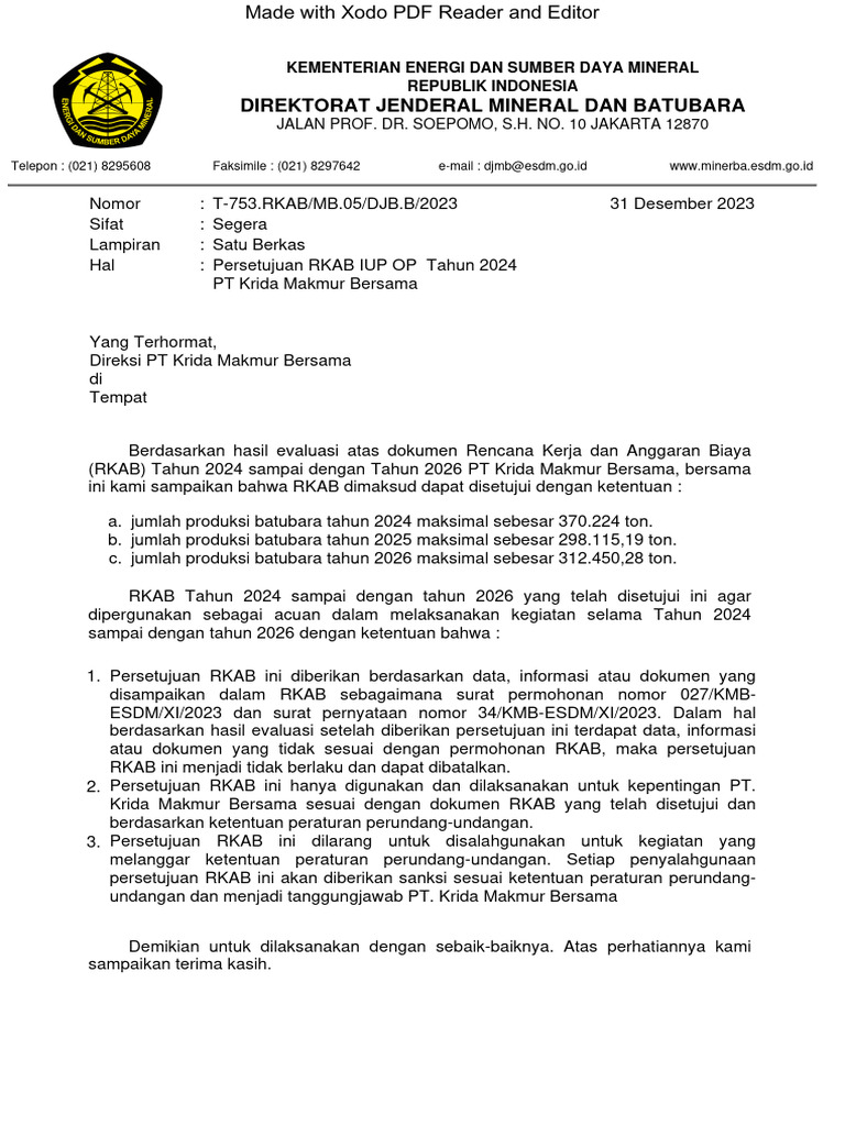 Persetujuan RKAB 2024 PT KMB | PDF