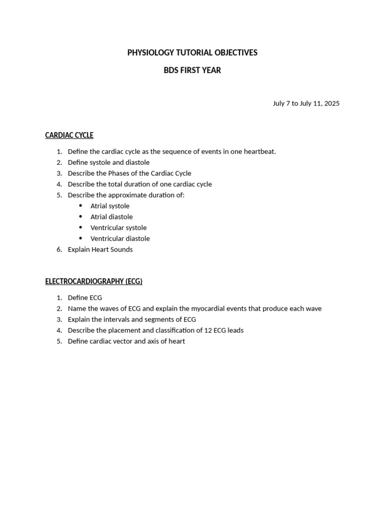 Cardiac Cycle & ECG Tutorial Objectives | PDF