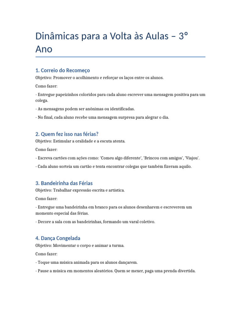 Dinâmicas para o 3º Ano na Volta às Aulas | PDF
