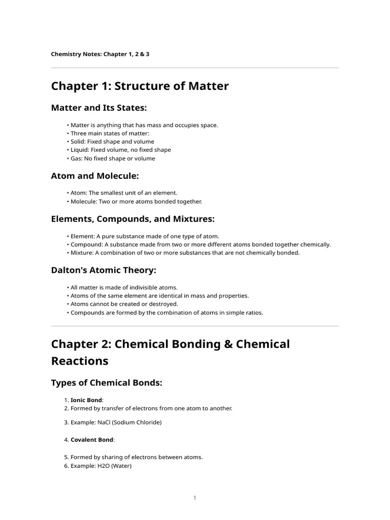 Chemistry Notes Ch1 2 3 | PDF | Chemistry | Salt (Chemistry)