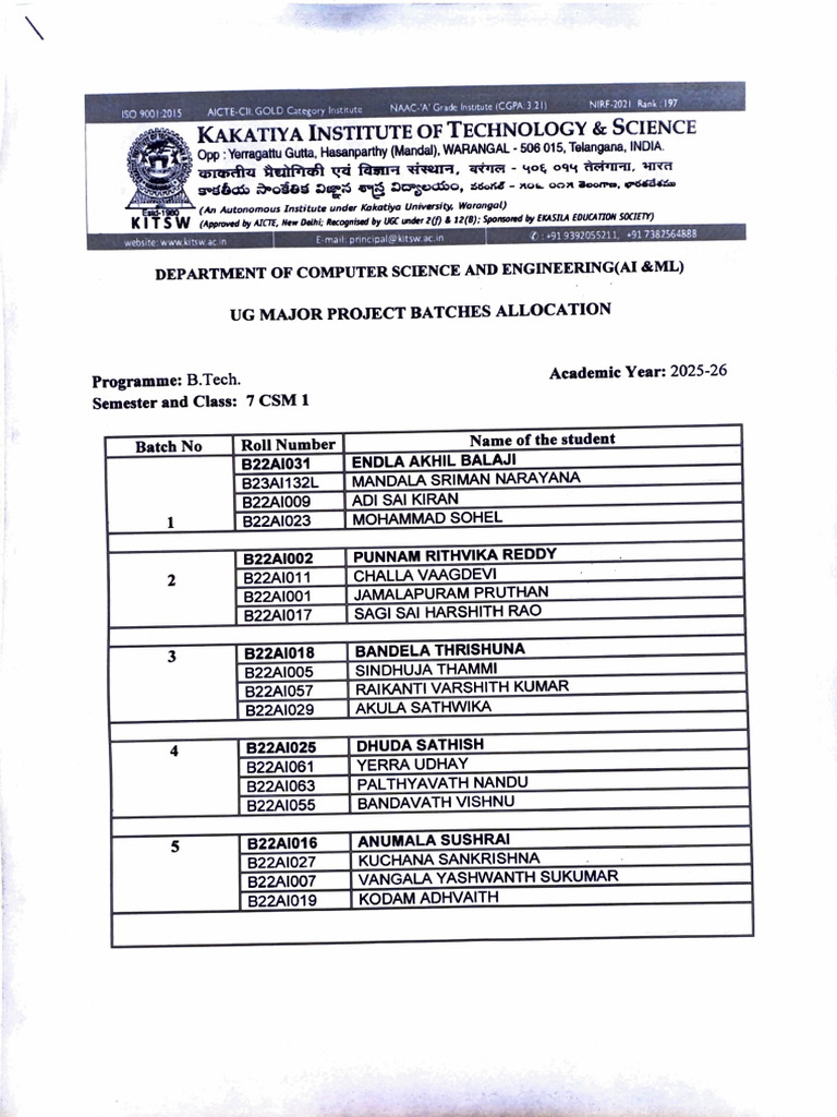 B.Tech AI & ML Project Batch Allocation | PDF