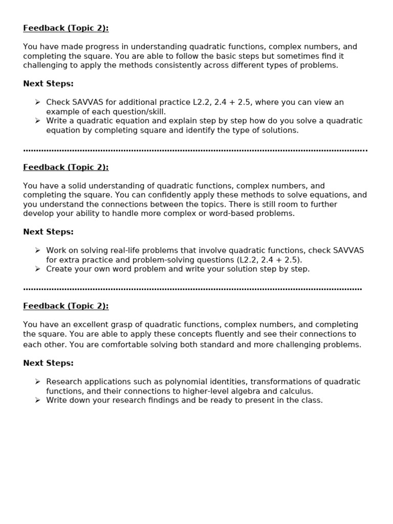 Understanding Quadratic Functions Feedback | PDF