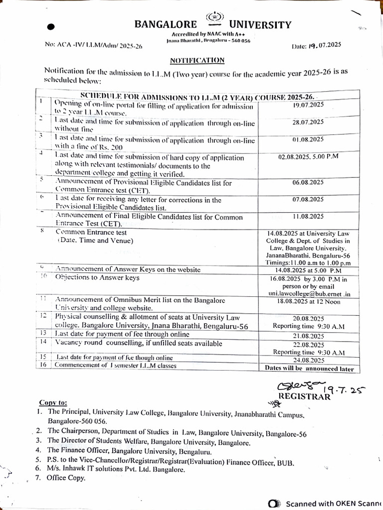 Bangalore University LLM Admission 2025 | PDF