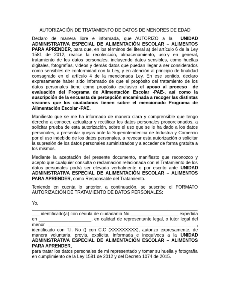 Autorización para Tratamiento de Datos Menores | PDF
