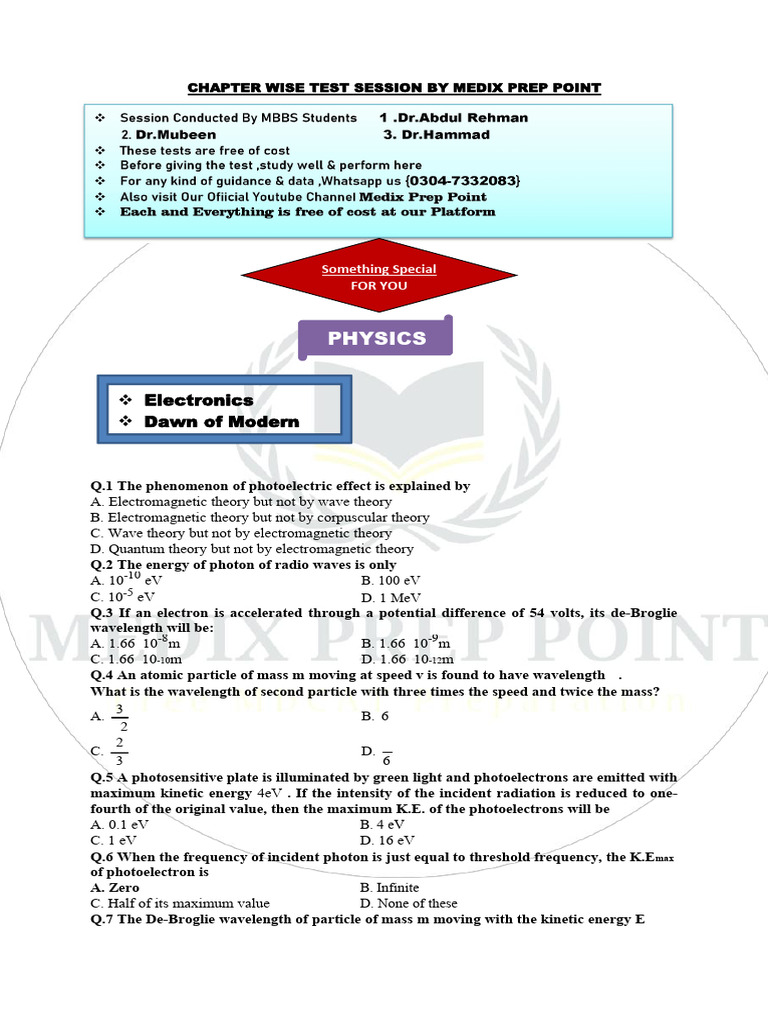 Physics Chapter-Wise Test Questions | PDF | Photoelectric Effect ...