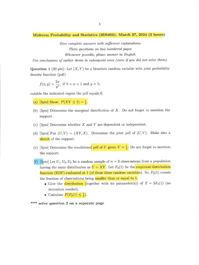 2024 Midterm | PDF | Probability Density Function | Random Variable