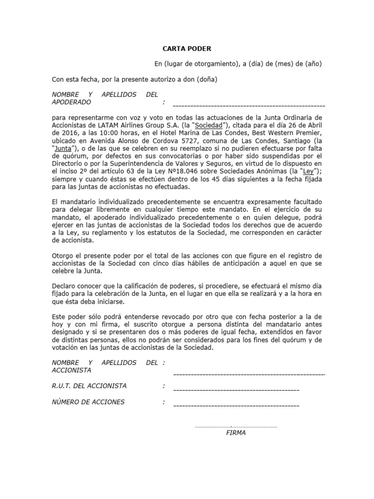 Carta Poder para Junta de Accionistas | PDF | Gobierno