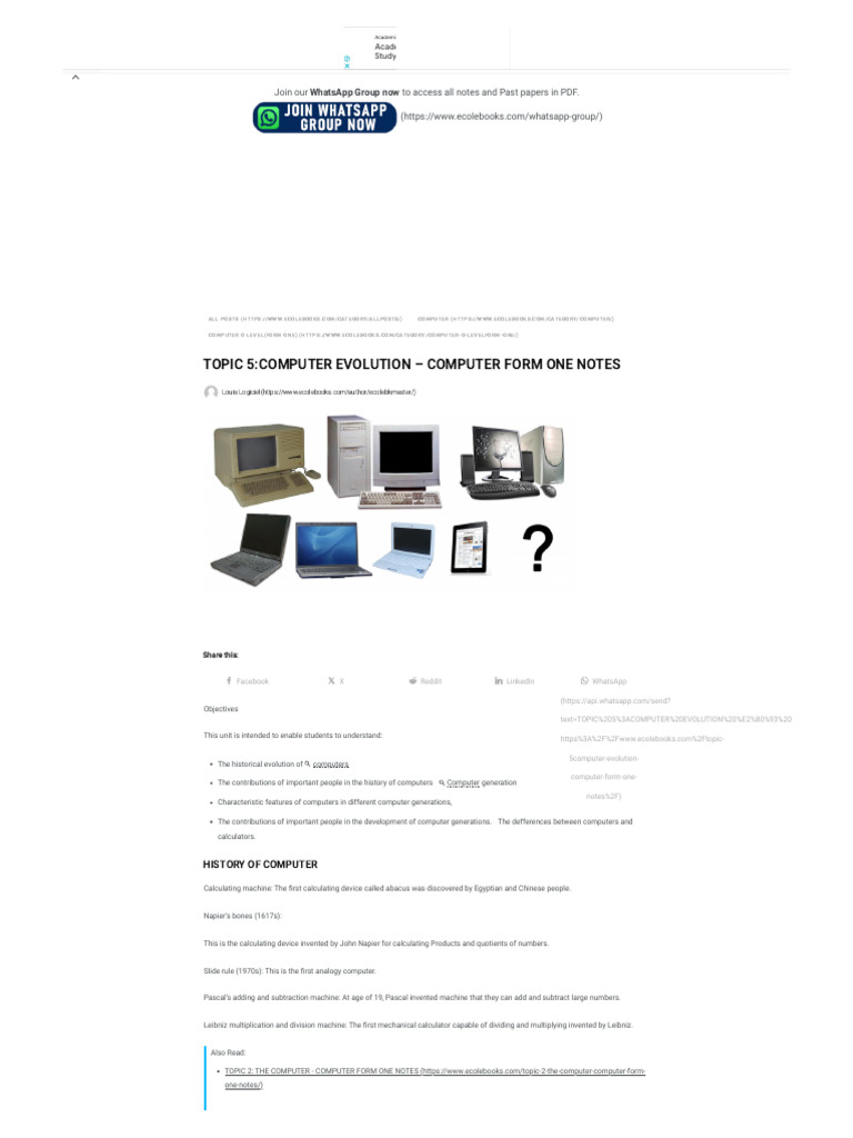 Topic 5 Computer Evolution - Computer Form One Notes - Ecolebooks | PDF ...