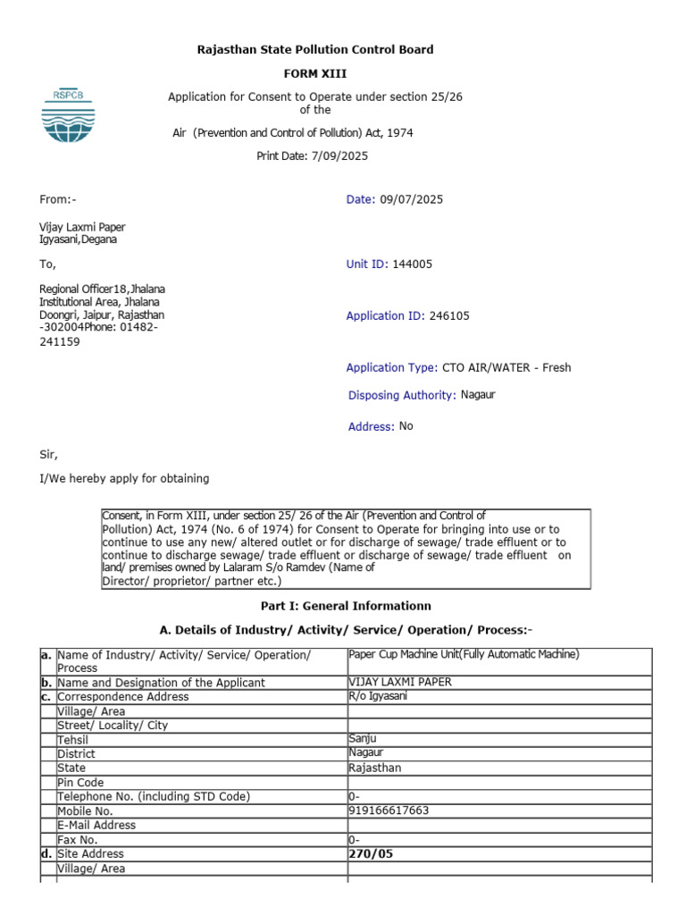 Rajasthan CTO Application Form XIII | PDF | Waste Management | Pollution
