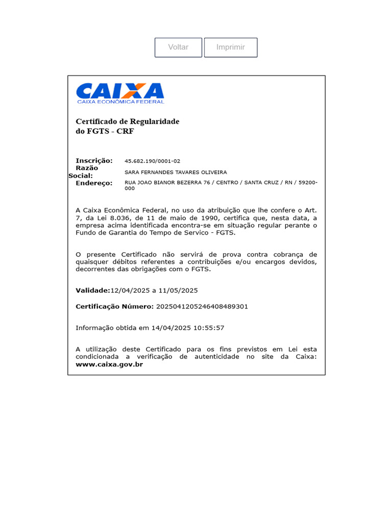 Certificado de Regularidade do FGTS | PDF